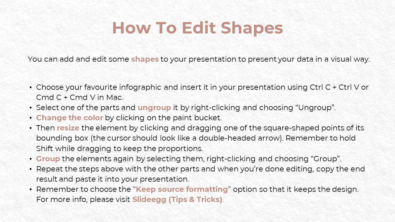 Slide with list explaining shape editing in presentations, including grouping, resizing, and keeping source formatting.