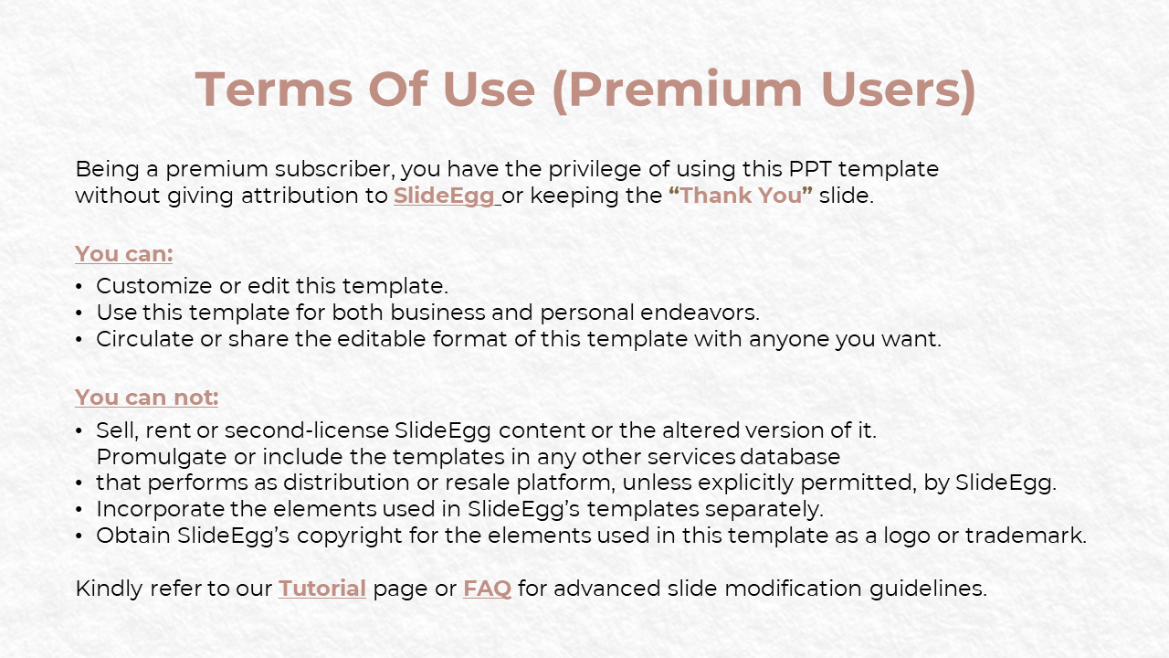 Instructional slide showing premium usage guidelines with permissions, restrictions, and links to Tutorial and FAQ pages.