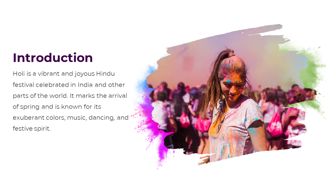Young woman in white shirt covered in vibrant Holi powders, standing among a crowd with colorful splash borders.
