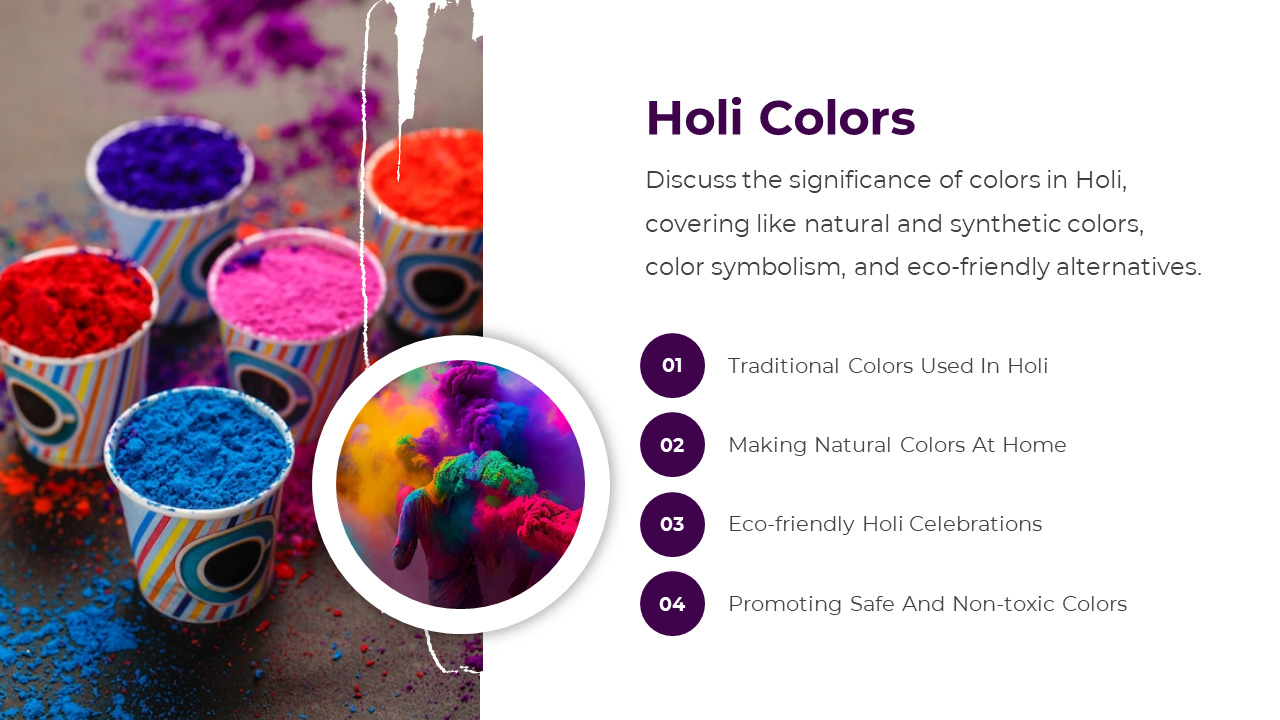 Bright Holi powders in paper cups with a circular image of a person in colored smoke and a list of four bullet points.