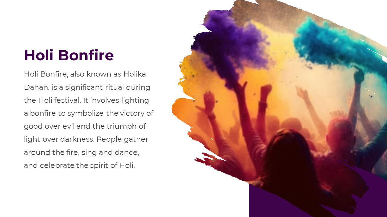 Silhouetted crowd at night with hands raised and clouds of purple and blue powder in festive Holi Bonfire celebration.