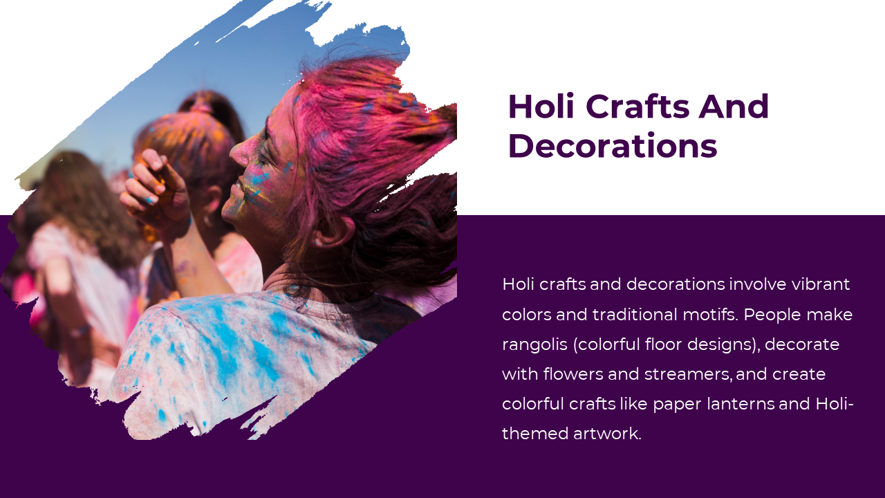 Holi image of a woman with pink and blue powder, placed beside a dark purple block with festive decoration description.
