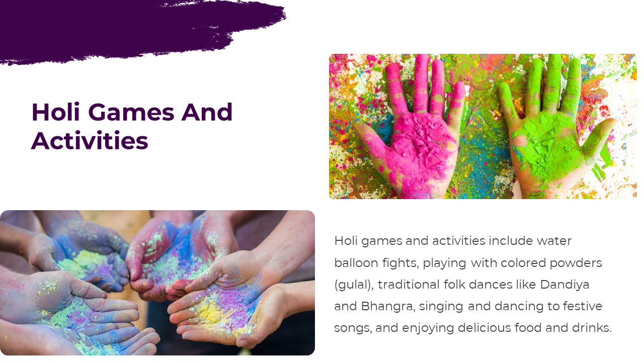 Top image of colorful hands in powder, bottom image of multiple hands holding gulal, with text on Holi games and fun.