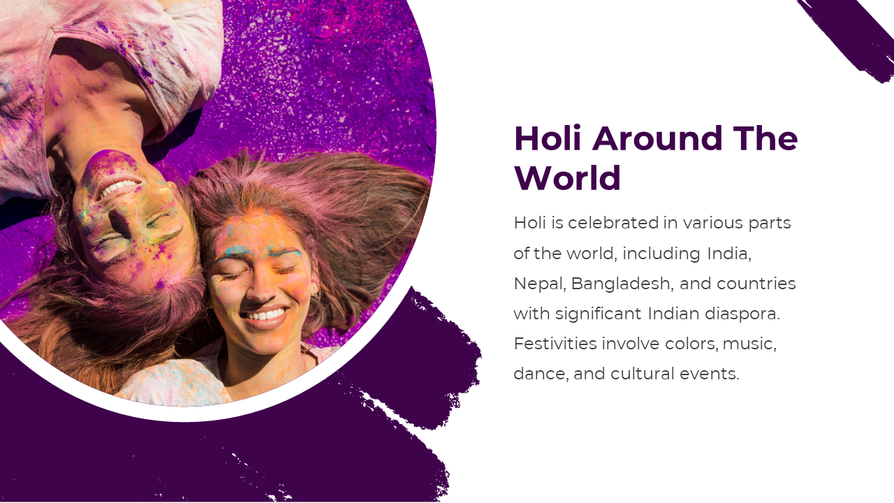 Two smiling women lying on purple ground with Holi colors on their faces, beside text about global Holi celebrations.