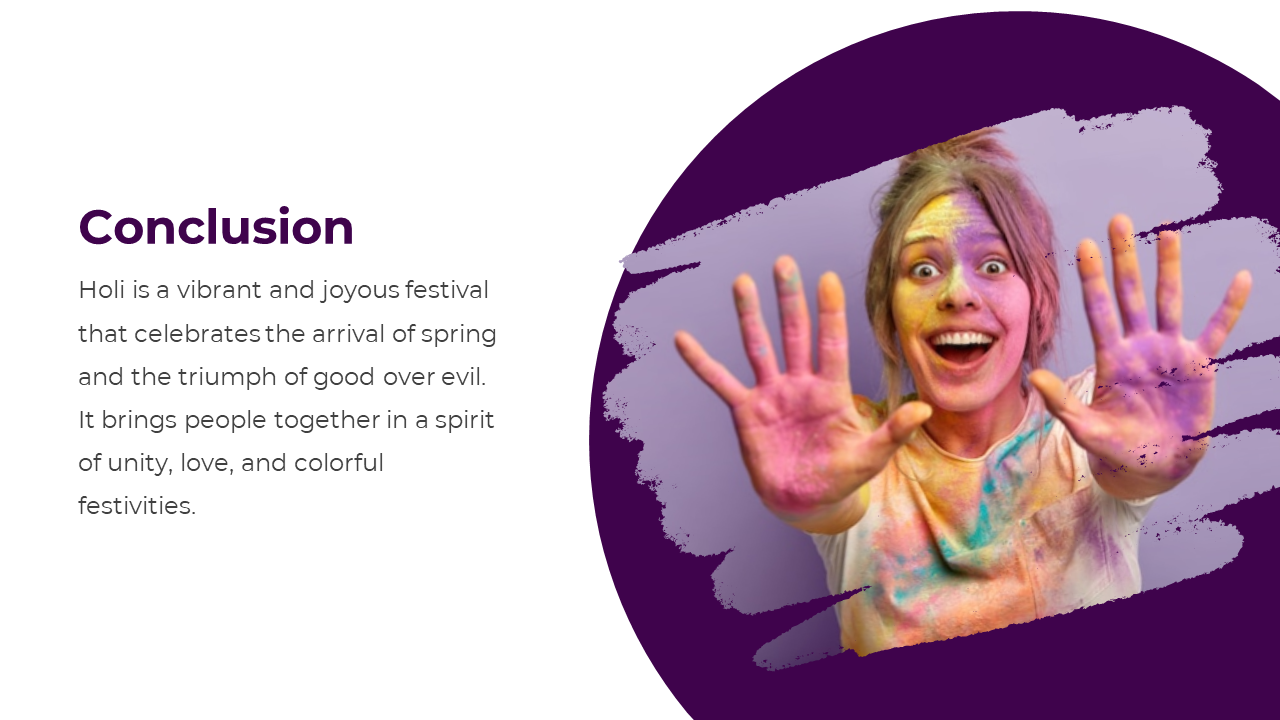 Smiling woman covered in Holi colors showing both hands, in a purple circle beside conclusion text about Holi.