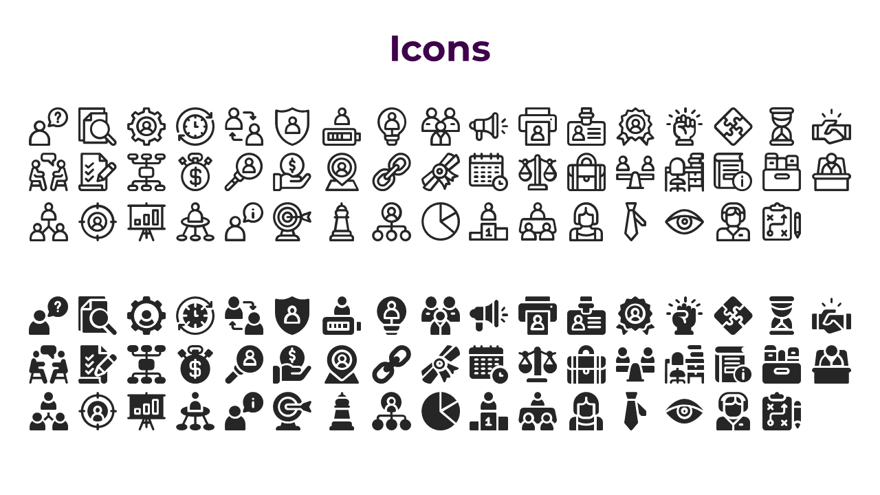 Slide showing two rows of outlined and filled icons related to teamwork, strategy, money, and communication.