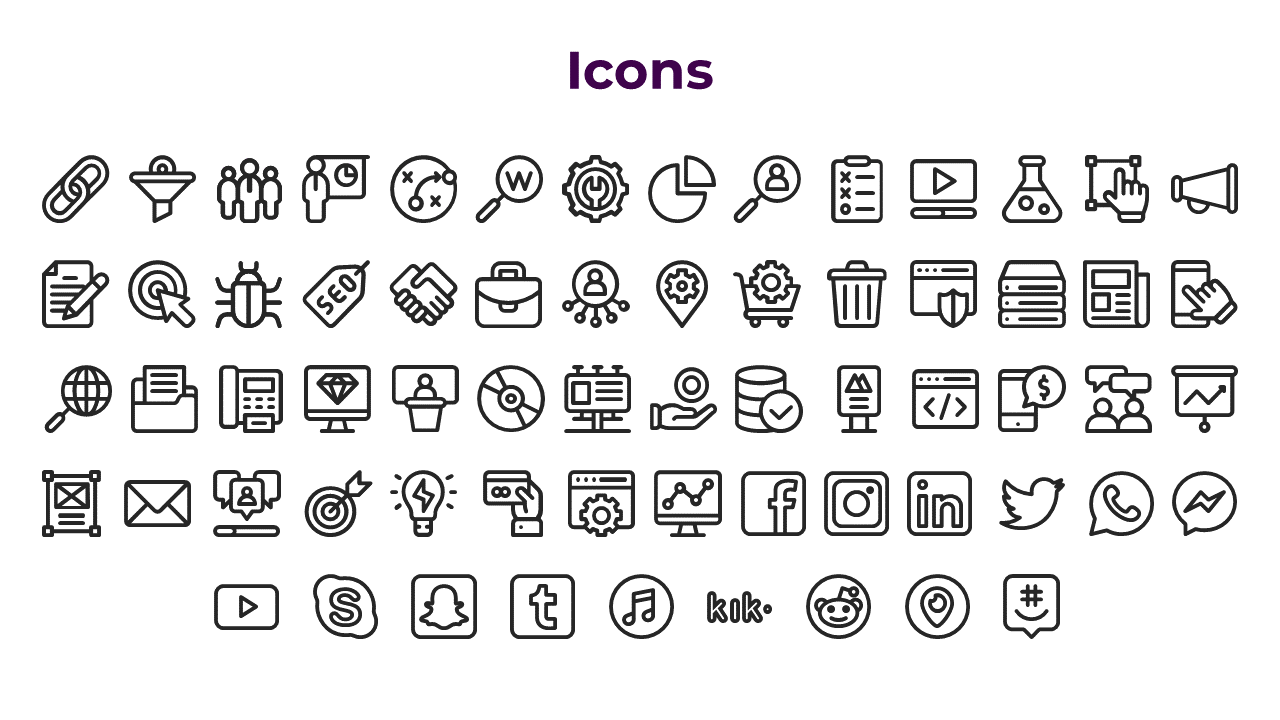 Variety of outlined icons including charts, marketing tools, coding symbols, apps, and social media logos in rows.