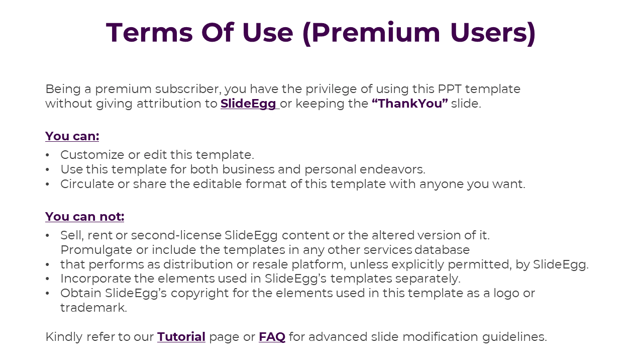 Text based guide detailing SlideEgg premium user rights and restrictions, with links to tutorial and FAQ pages.