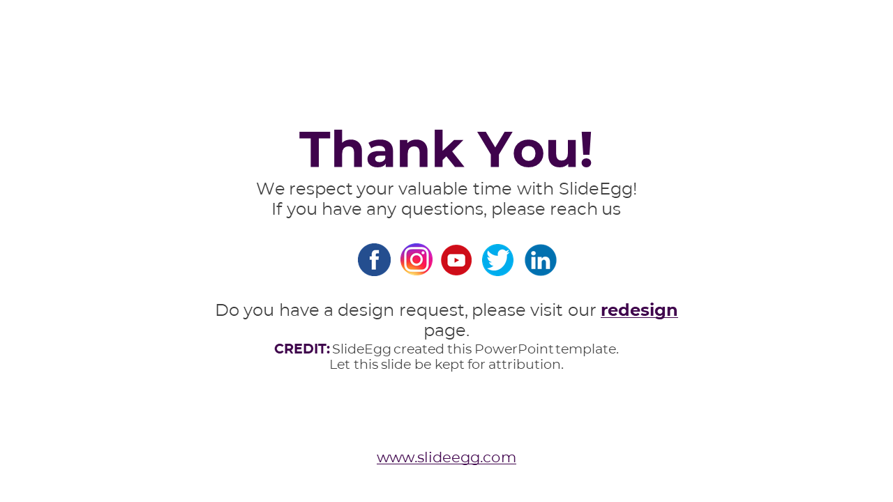 Thank You slide with social media icons, contact note, SlideEgg credit, and a link to the website and redesign request.
