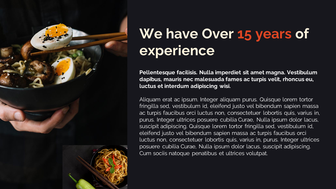 Split layout showing ramen with mushrooms and eggs, paired with bold heading and paragraph on restaurant experience.