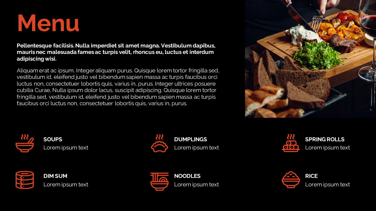 Black background slide with red food icons and placeholder text under each dish type, next to plated meal and wine image.