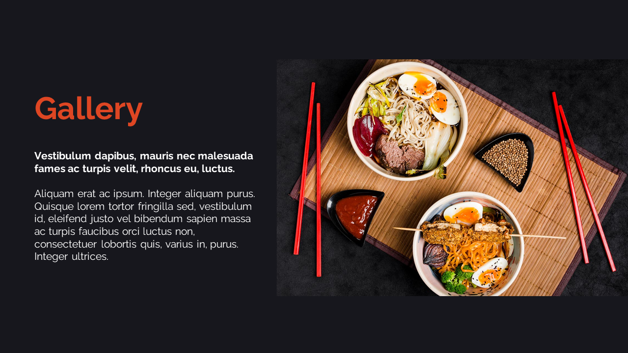 Gallery slide with two noodle bowls on a bamboo mat, garnished with eggs, meat, sauces, and red chopsticks on both sides.