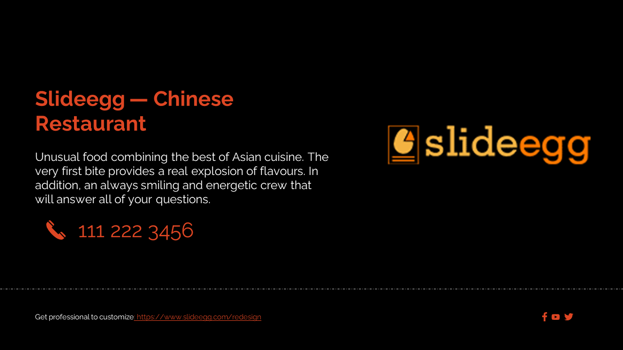 Black background slide with red contact number, SlideEgg branding, a short restaurant description, and social icons.