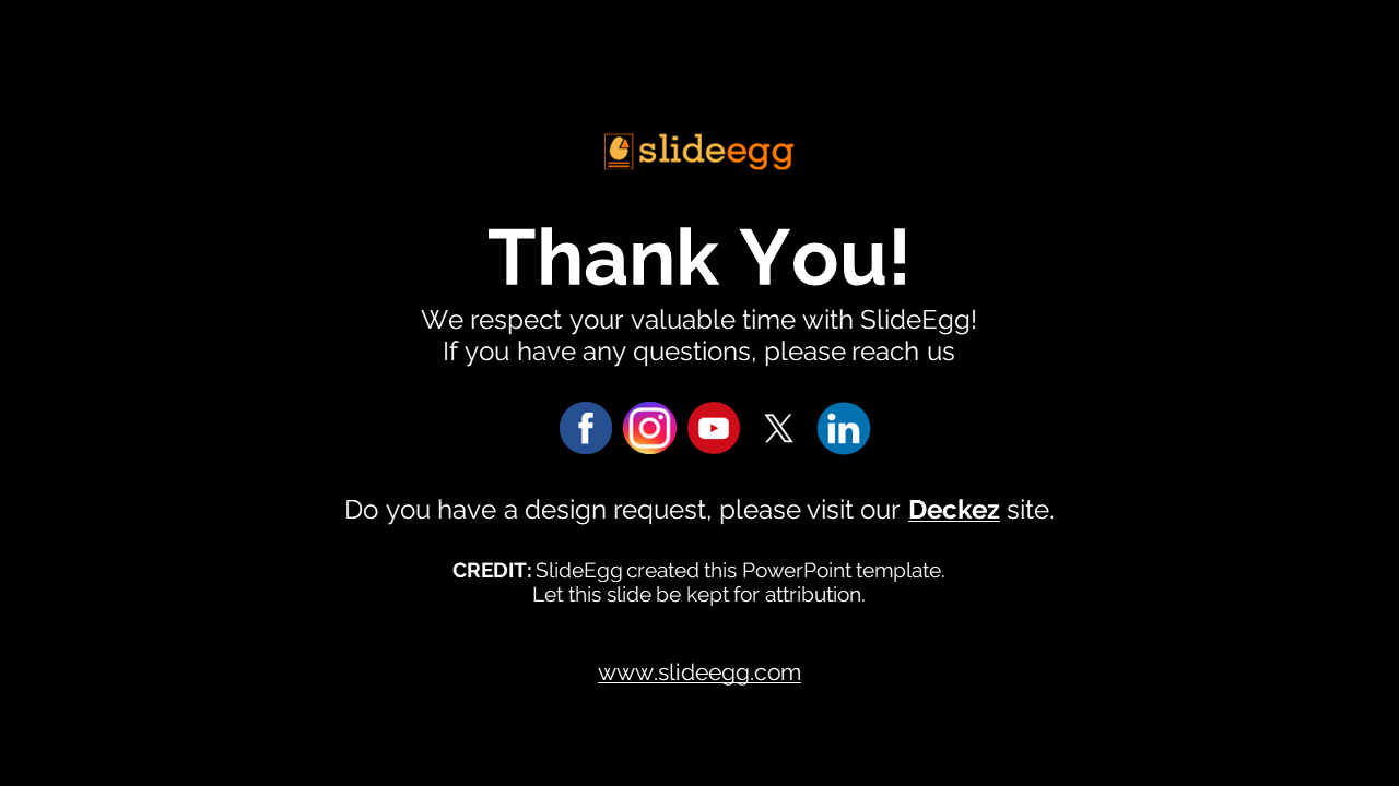 Final slide of SlideEgg template featuring company logo, social media buttons, and website link on dark backdrop.