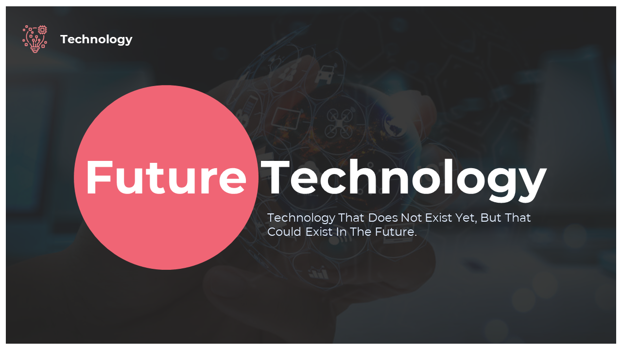 Future Technology with coral circular graphic, small tech icon, and faded tech illustrations in background.