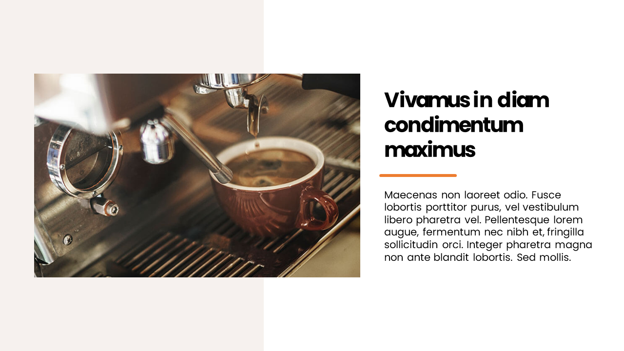 Close up of an espresso machine brewing coffee into a brown cup, with text beside the image placed in a white background.