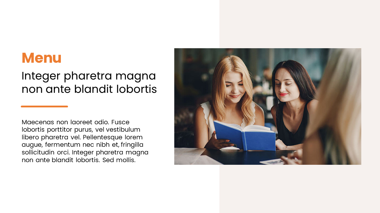 Women enjoying coffee and reading a blue book together, with text menu and a paragraph description beside.