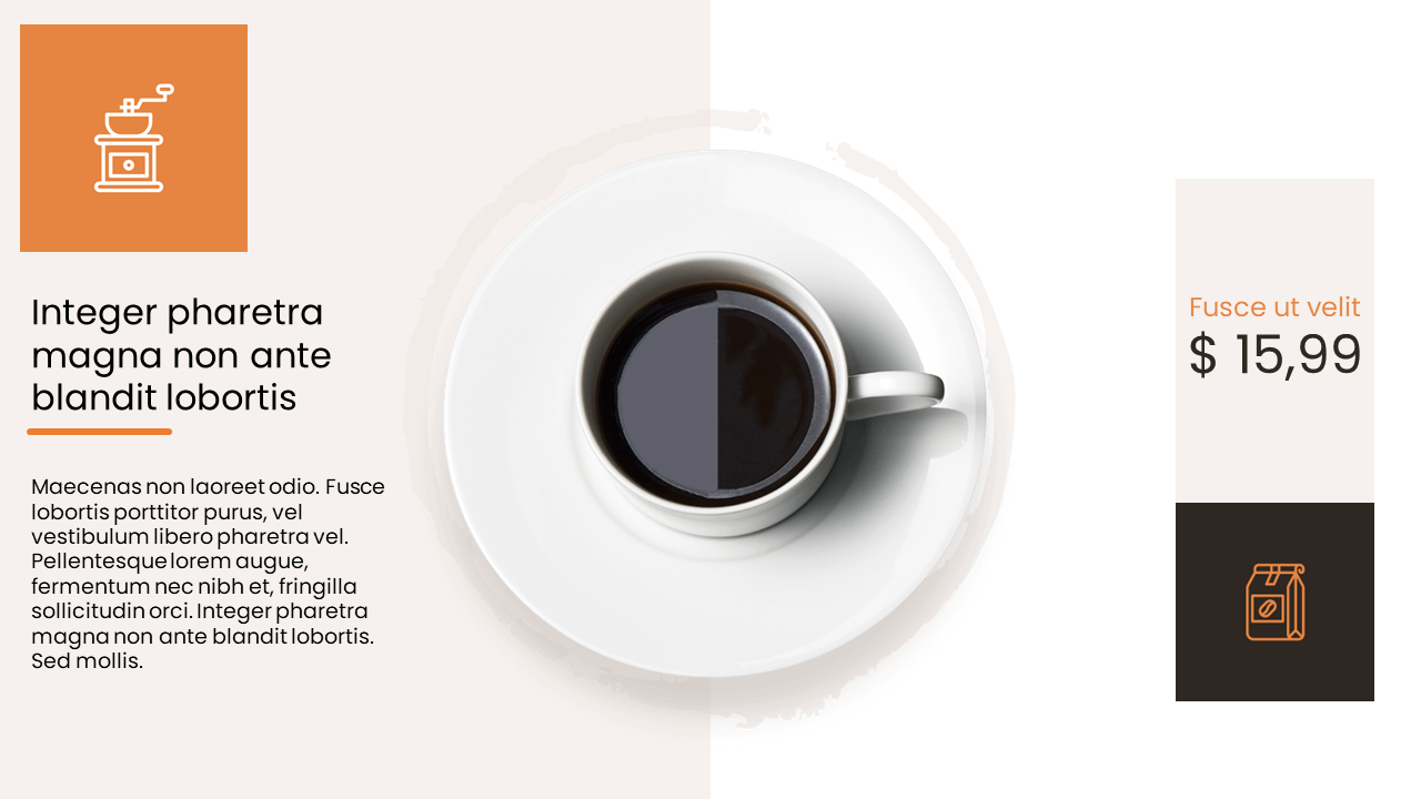 Coffee cup filled with black coffee on a white saucer, with the price and an icon of a coffee grinder on the side.