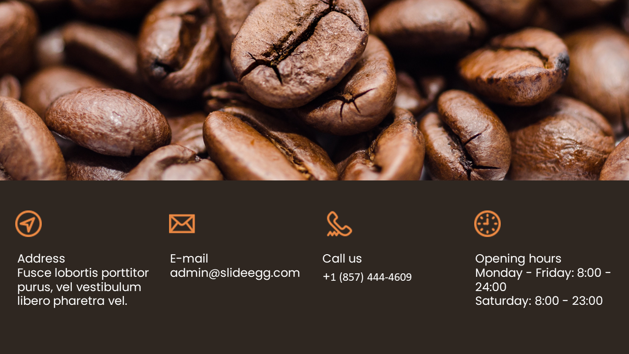 Coffee beans background with contact details including address, email, phone number, and opening hours in icons.