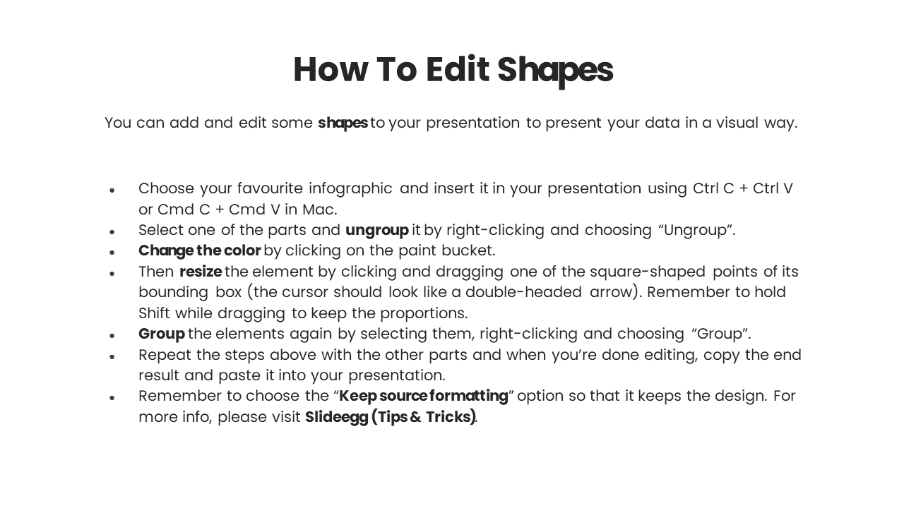 Instructions for editing infographic shapes in PowerPoint, including ungrouping, color changes, resizing, and grouping back.