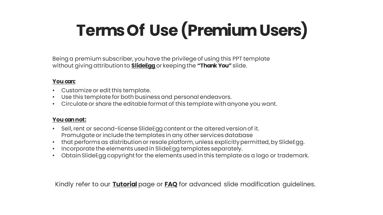 Slide outlining terms for premium users, allowing customization and sharing of templates without attribution to SlideEgg.
