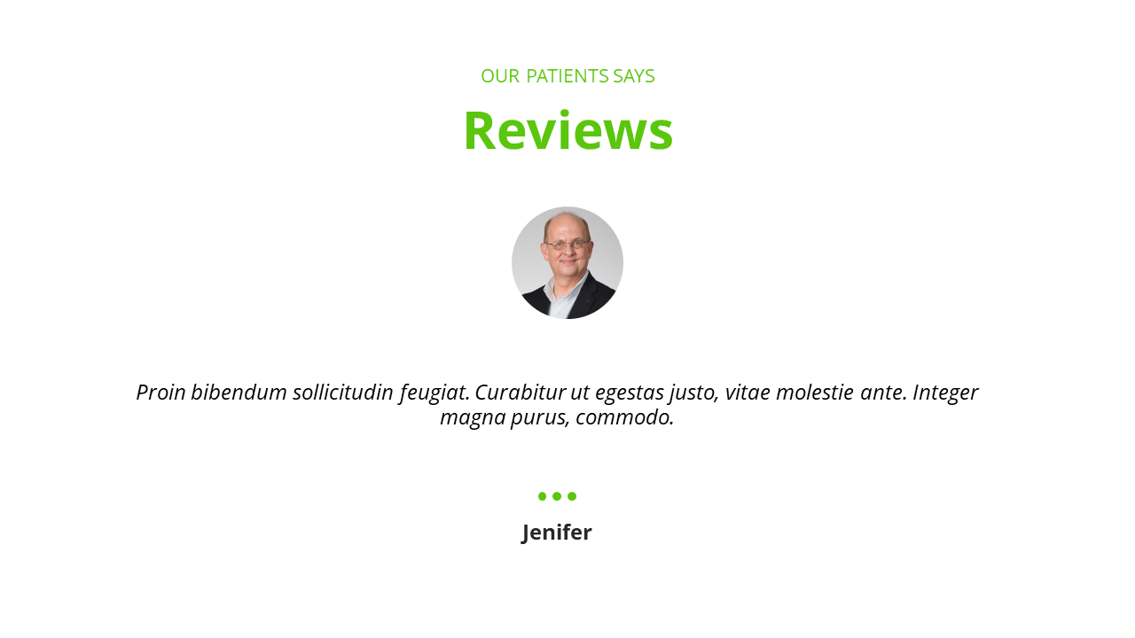 Review slide with a circular photo of a smiling man, patient feedback text, and the name highlighted at the bottom.