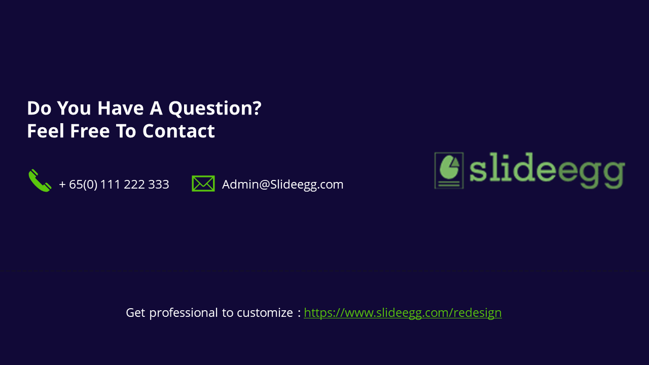 Slide inviting questions with contact details including a phone number, email, and a green SlideEgg logo on the right.