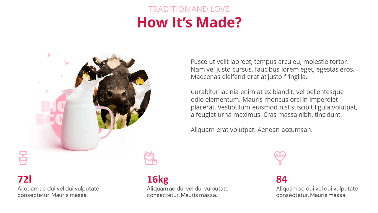 White milk jug and cow photo on left, descriptive text on right, with three product statistic icons aligned at the bottom.