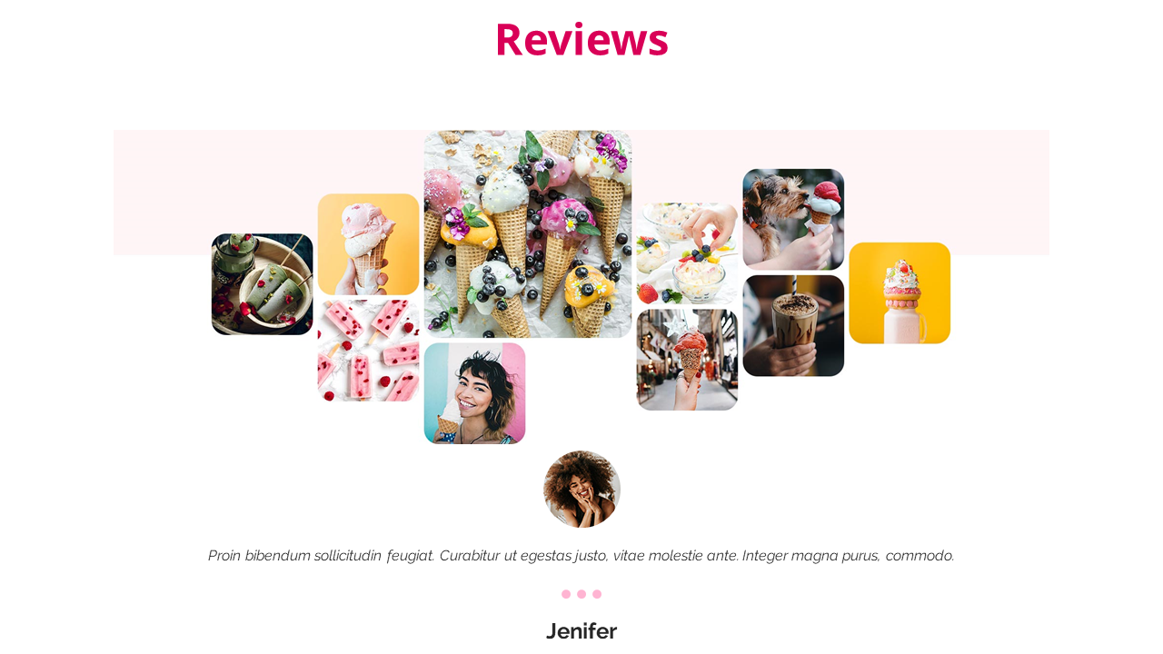 Collage of ice cream, popsicles, and milkshake images above a customer review section with user photo and testimonial text.