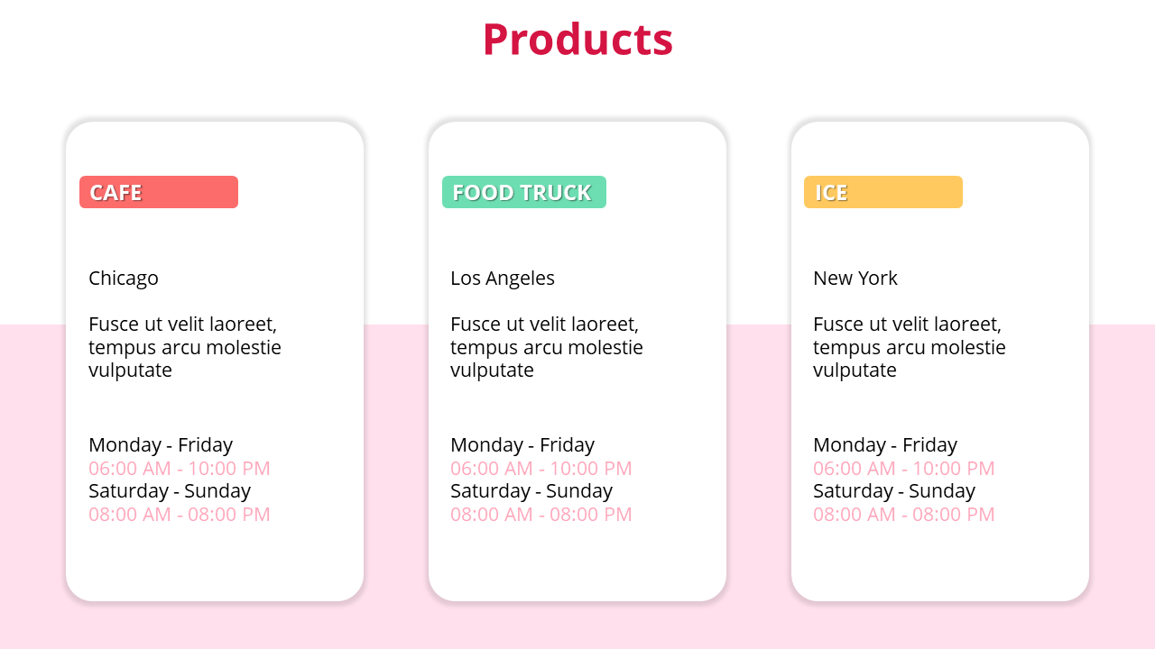 Products section featuring cafe, food truck, and ice shop cards with city names and weekday and weekend timings.