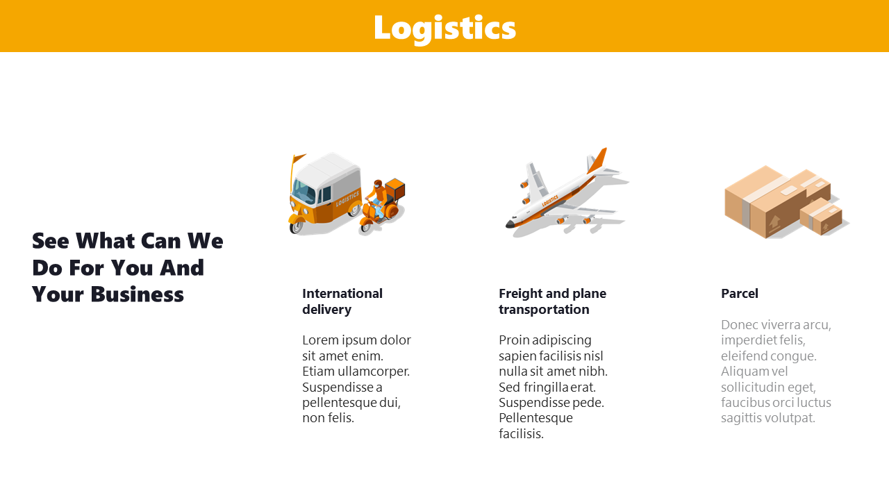 Business logistics services slide featuring delivery truck, airplane, and parcels with short text for each service type.