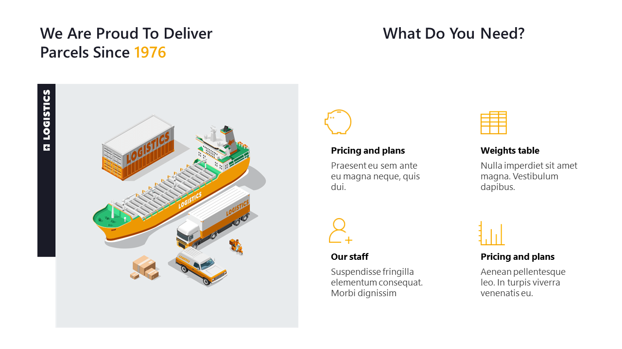 Logistics slide showing cargo ship, trucks, and parcel with service highlights like pricing, staff, weights table, and plans.