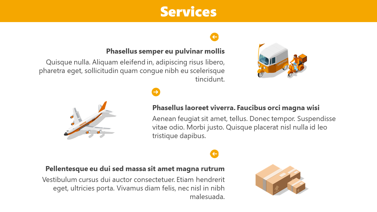 Logistics service offerings visualized with van, plane, and package icons, each with descriptive text and yellow arrow icons.