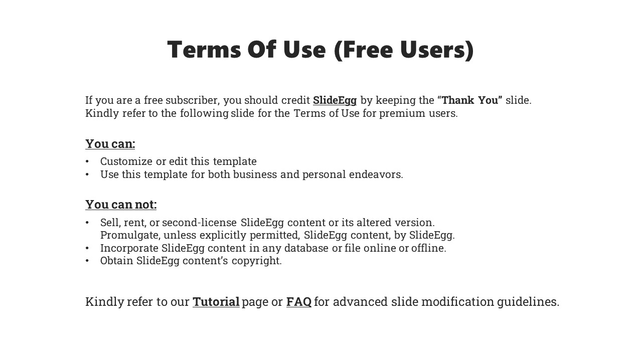 Terms of Use slide for SlideEgg free users outlining template editing rights, restrictions on resale, and requirements.