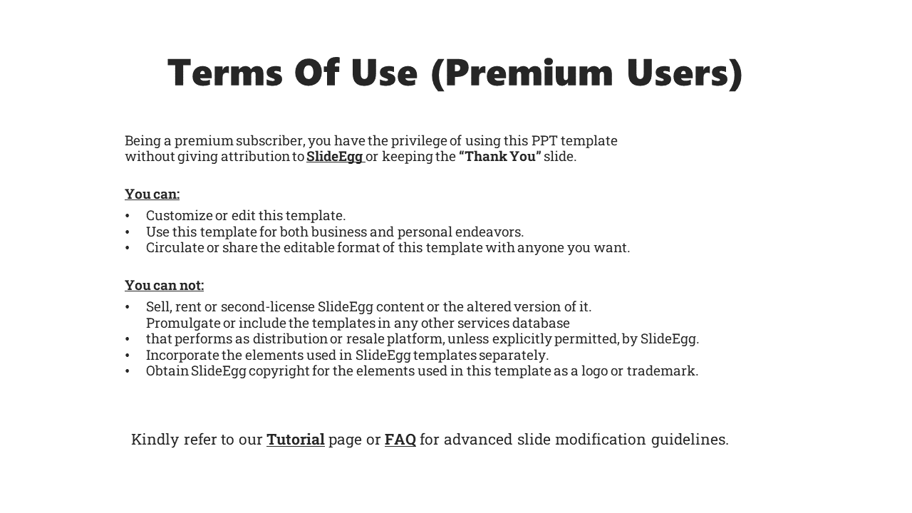 Terms of Use slide for SlideEgg premium users outlining template customization, sharing rights, and restrictions on resale.