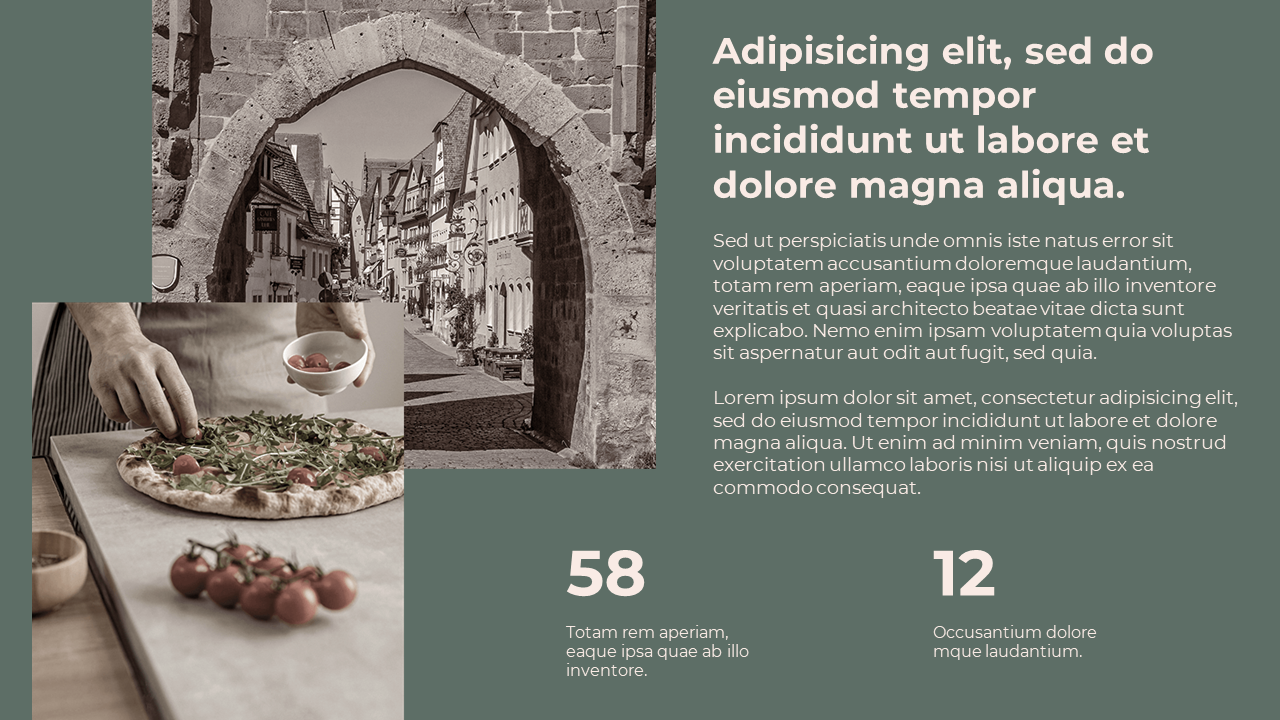 Split design with stone arch city photo, chef preparing pizza with tomatoes, and text area with heading and two data points.