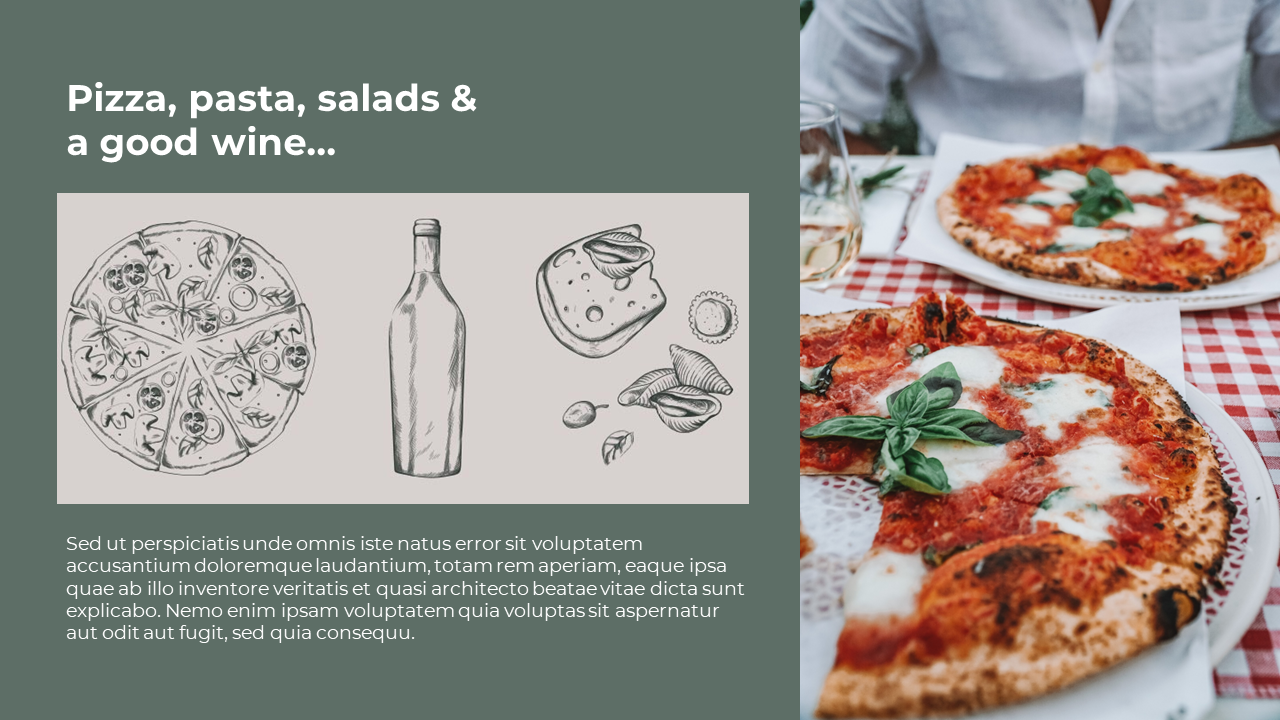 Left side shows pizza, wine, and pasta sketches, right side shows two pizzas with basil and glasses of wine on a tablecloth.
