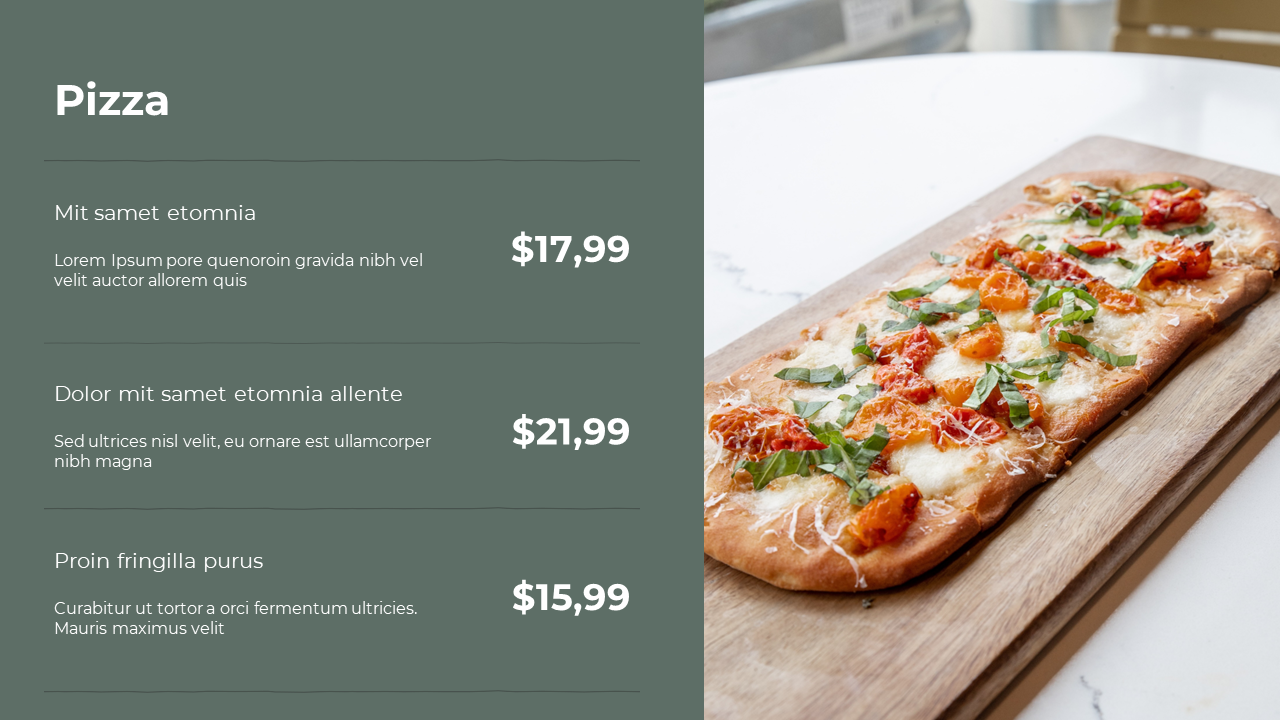 Split screen showing green pizza menu with three items and prices on left, and wooden board with fresh pizza on right.