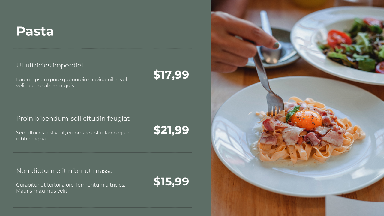 Pasta menu on green background listing three dishes with prices, alongside a plate of creamy pasta topped with egg and bacon.