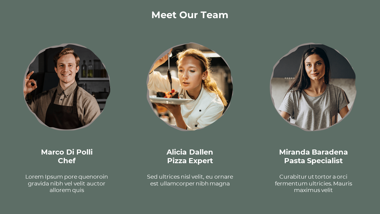 Meet Our Team slide showing three members in round frames with names and titles below on a muted green background.
