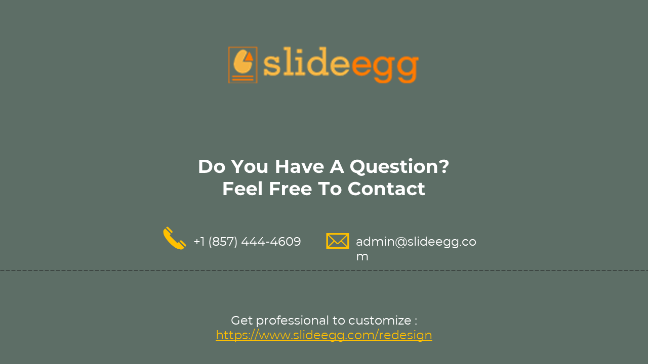 Green background contact info slide showing SlideEgg logo, contact number, email address, and a customization link.