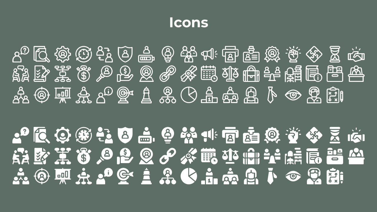 Grid of white business icons with both outline and solid styles under a bold icons heading on a muted green background.