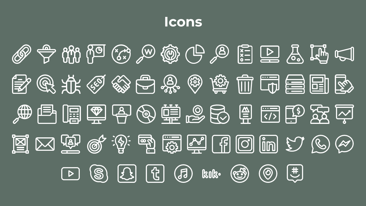 Slide with white outlined business, marketing, and social media icons arranged in rows under a bold white icons heading.