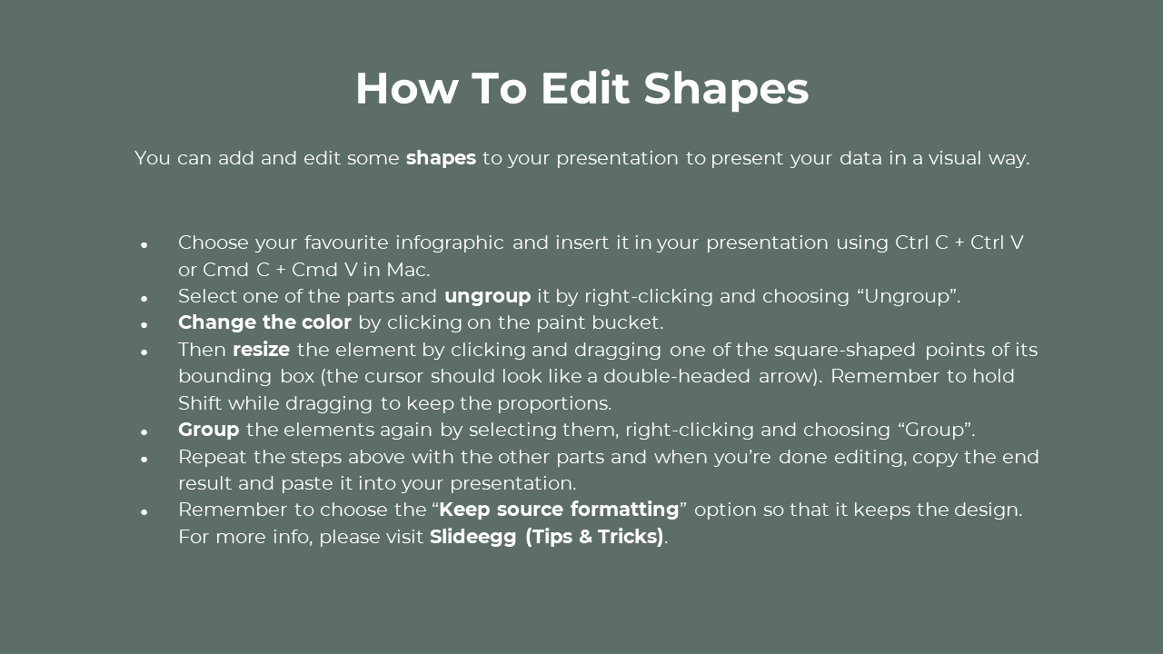 Instructional slide with green background, titled listing editing steps like ungroup, resize, and color.
