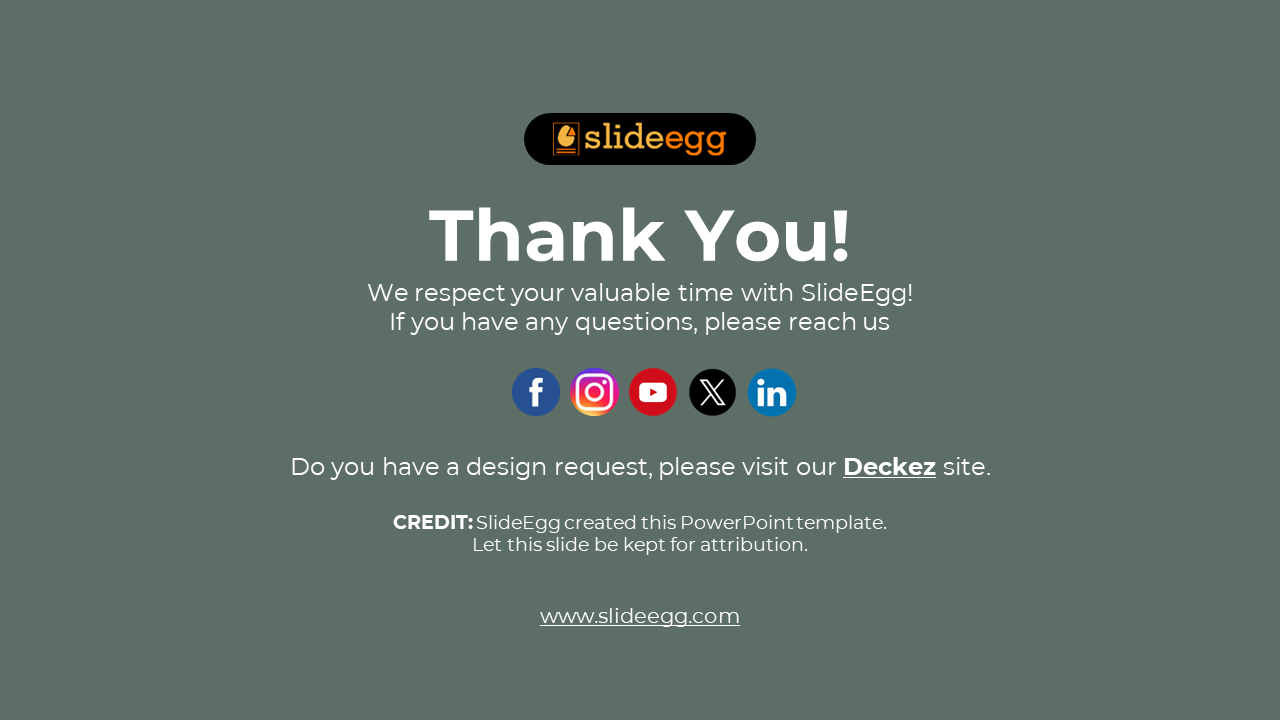 Thank you slide with SlideEgg logo, social media icons, credit text, and website link on a green background.