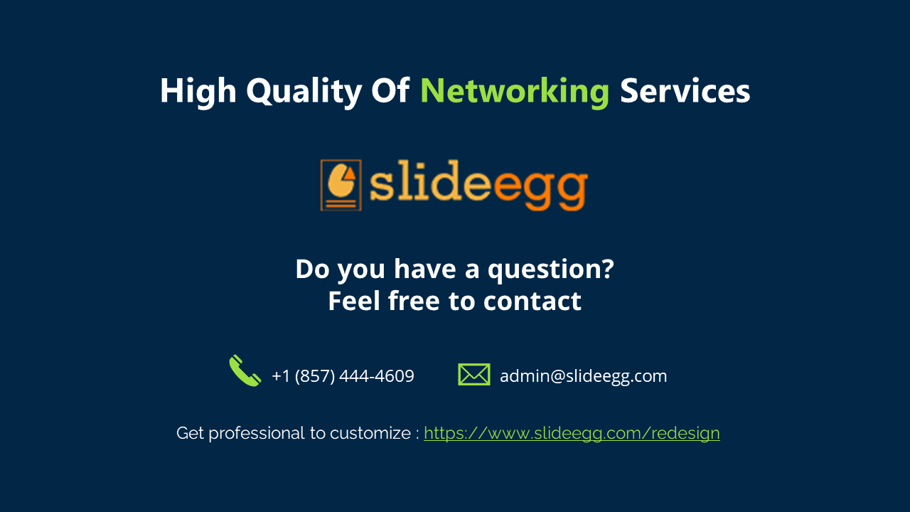 Networking services slide showing SlideEgg logo, contact details with phone and email icons, and a call to action link.