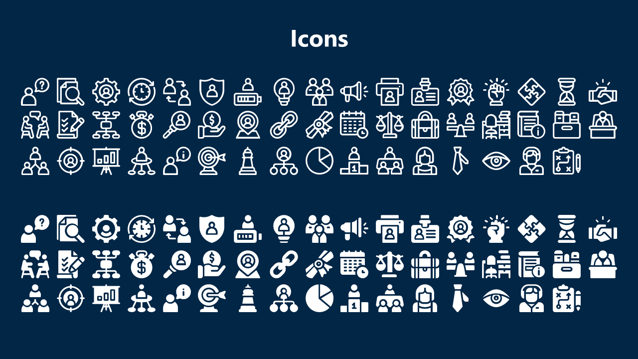 Slide featuring two rows of icons in white outline and solid style, including graphs, people, folders, and target icons.