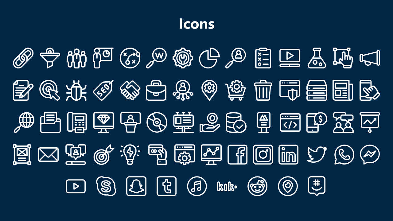 Business and tech icon set featuring charts, magnifying glass, SEO tags, coding, and social apps on dark blue with title.