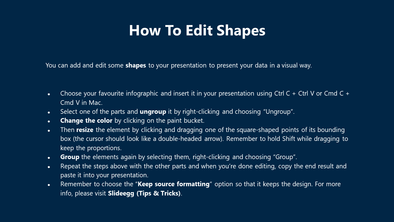 Slide with guide text on editing shapes, including instructions on changing color, resizing, and grouping shapes.