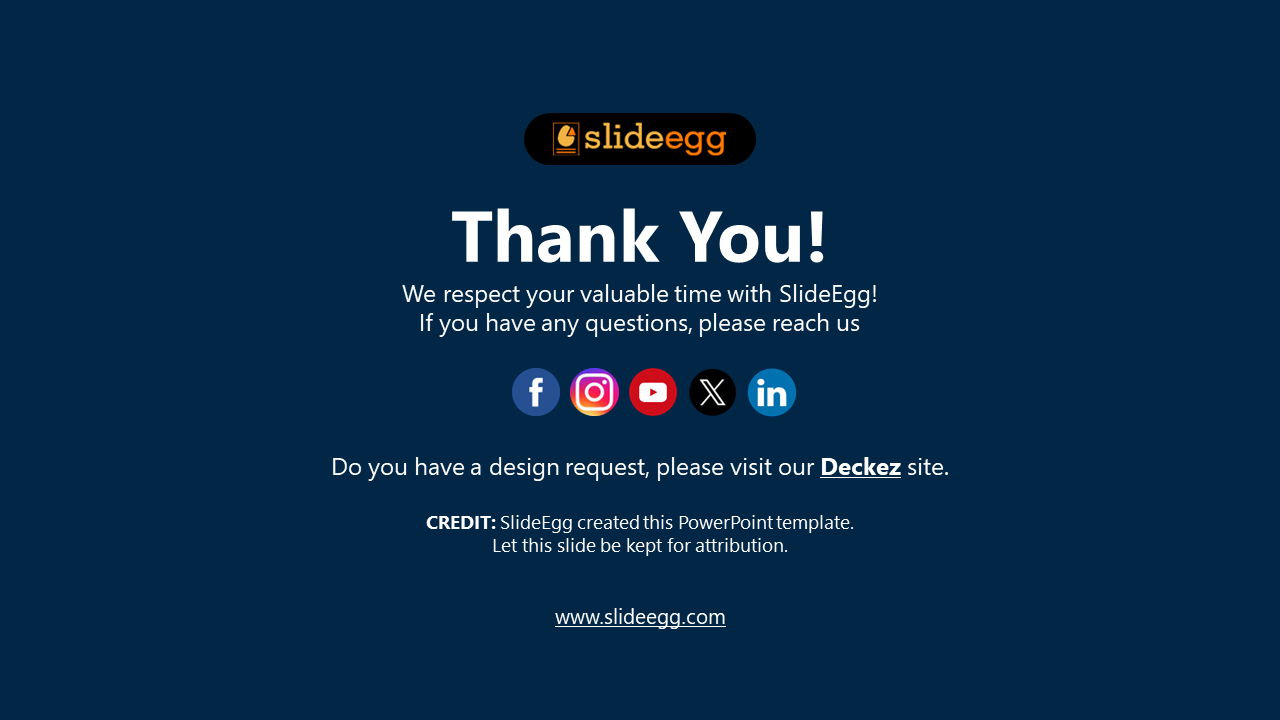 Thank you message with SlideEgg logo, Facebook, Instagram, YouTube, X, LinkedIn icons, and a link to the Deckeze site.